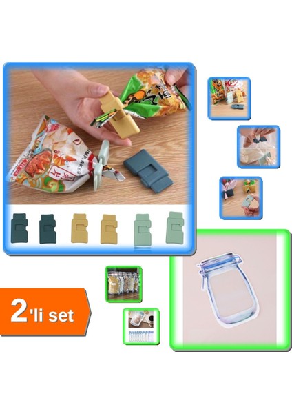 Poşet Kapatıcı Klips 6 Adet + Kavanoz Görünümlü Kilitli Saklama Poşeti 620 ml Set - Q7JP9F