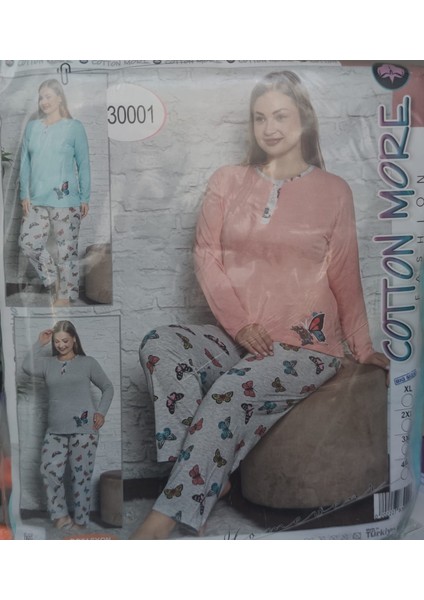 Uzun Kollu Kelebek Desenli Mavi Büyük Beden Kadın Pijama Takımı fiyatları