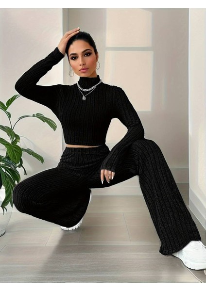 Kadın Uzun Kollu Balıkçı Yaka Krop ve Pantolon Şardonlu Kaşkorse Ikili Takım fırsatları