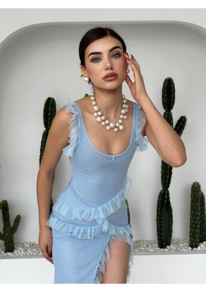 Felix Yırtmaçlı Midi Tül Elbise