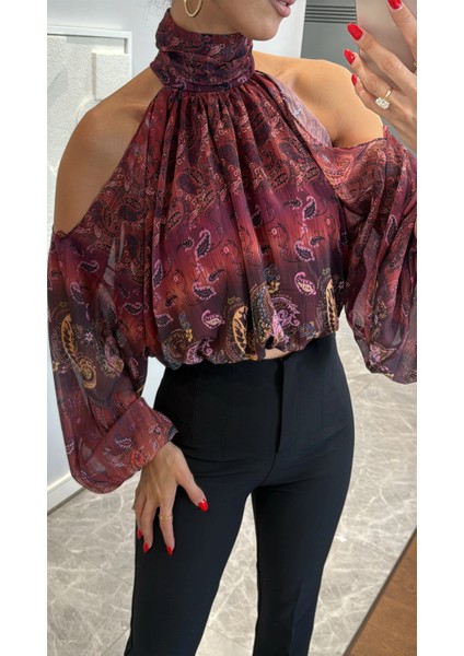 Şal Desenli Omuz Detaylı Bluz
