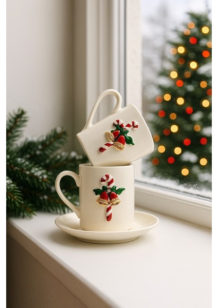 Yeni Yıl Özel 2'li Porselen Türk Kahvesi Fincan Takımı| Yılbaşı Konseptli Şeker Baston Detaylı modelleri