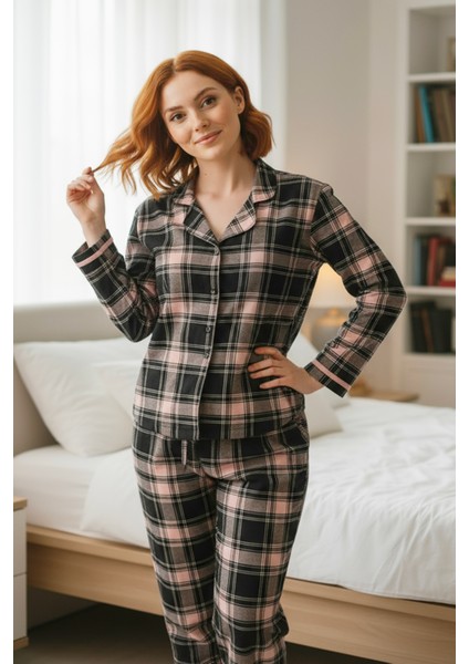 Süet Gömlek Pijama Takımı 7105 Ekoseli Antrasit