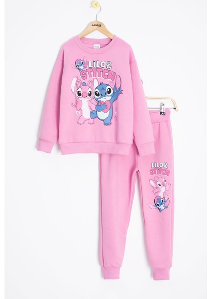 Pembe Sevimli Simli Karakter Baskı Şardonlu Kız Çocuk Eşofman Takım 23294