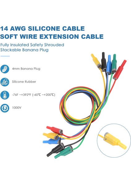 5pcs Muz Fiş Silikon Testi Kurşunlar 4 mm Tamamen Yalıtılmış Güvenlik Örtüslü Istiflenebilir Muz Tapa Yumuşak Tel Uzatma Kablosu (Yurt Dışından) indirimleri