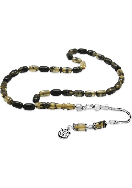 925 Ayar Gümüş Püsküllü Kapsül Kesim Mini Boy Siyah Beyaz Ateş Kehribar Tesbih