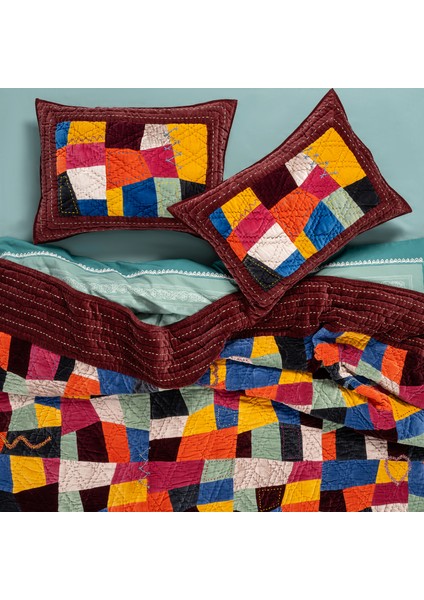 Okhla El İşi Kapitoneli Kıng Sıze Pamuk Kadife Yatak Örtüsü Seti 260x280 Cm Renkli