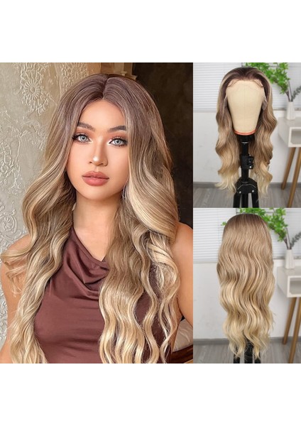 Kumral Dore Sarı Ombre ve Röfleli Fiber Sentetik Geniş Dalgalı Tül Peruk