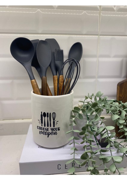 Ahşap Saplı Silikon Servis Seti Seramik Kaşıklık
