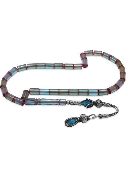 1000 Ayar Gümüş Kazaz Püsküllü Kesme Kesim Turkuaz Ateş Kehribar Tesbih