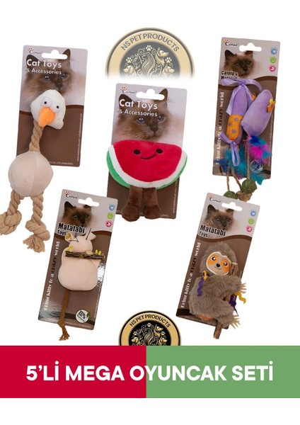 Catnipli Peluş Tavuk -Matatabili Fare-Catnipli Karpuz-Tembel Hayvan-Matatabive Catnipli Fare ve Şekerli Oyuncak 5'li Set