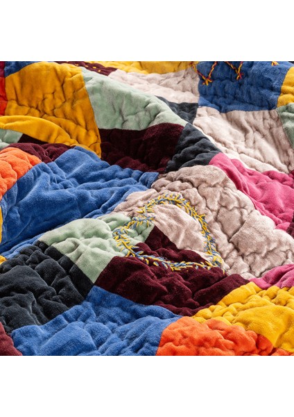 Okhla El İşi Kapitoneli Kıng Sıze Pamuk Kadife Yatak Örtüsü Seti 260x280 Cm Renkli