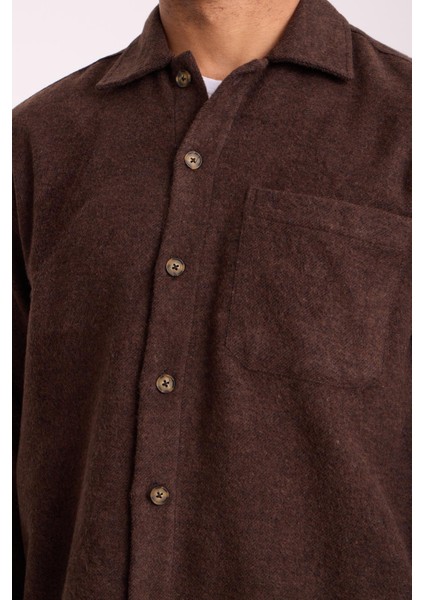 Frankel Kaşe Kumaş Tek Cepli Relaxed Fit Erkek Gömlek - Kahve modelleri