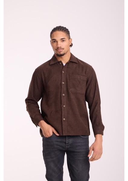 Frankel Kaşe Kumaş Tek Cepli Relaxed Fit Erkek Gömlek - Kahve