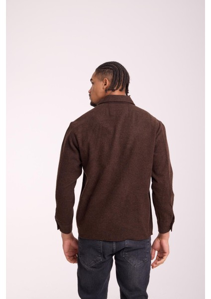 Frankel Kaşe Kumaş Tek Cepli Relaxed Fit Erkek Gömlek - Kahve