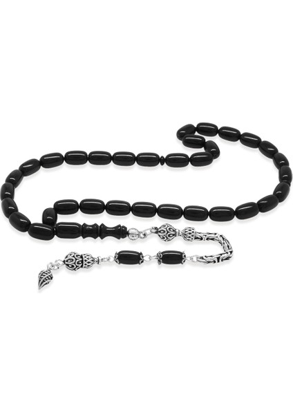 925 Ayar Gümüş Kral Zincir Püsküllü Özel Kesim Koyu Kırmızı Ateş Kehribar Tesbih