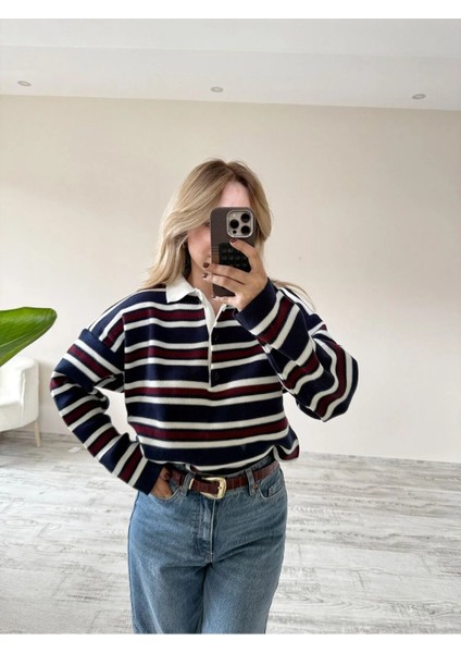 Polo Yaka 3 Düğmeli Çizgili Kazak/ Lacivert