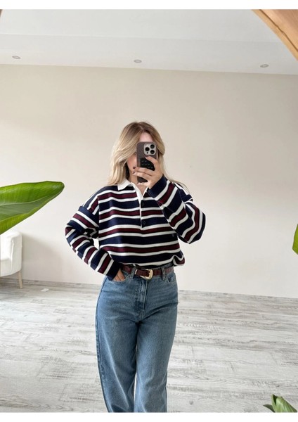 Polo Yaka 3 Düğmeli Çizgili Kazak/ Lacivert fiyatları