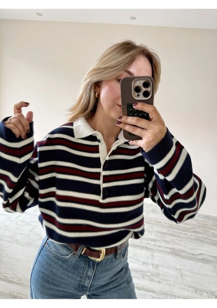 Polo Yaka 3 Düğmeli Çizgili Kazak/ Lacivert modelleri