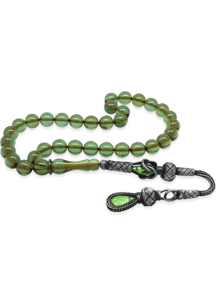 1000 Ayar Gümüş Kazaz Püsküllü Küre Kesim Su Yeşili Ateş Kehribar Tesbih