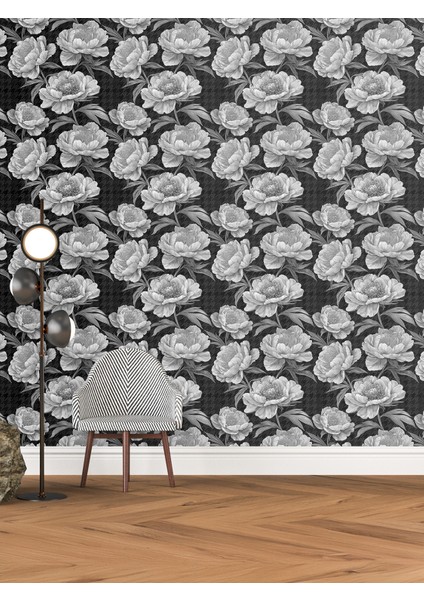 Siyah Beyaz Güller Desenli Tek Parça Duvar Kağıdı -Isı ve Ses Yalıtımı Yırtılmaz