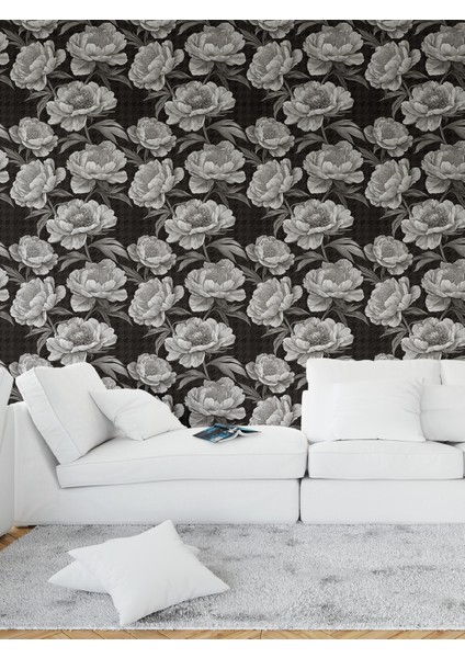 Siyah Beyaz Güller Desenli Tek Parça Duvar Kağıdı -Isı ve Ses Yalıtımı Yırtılmaz fiyatları