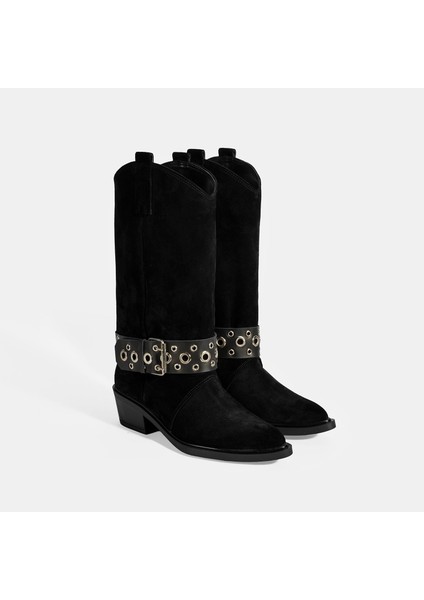 Kadın Siyah Ayarlanabilir Kemer Aksesuarlı Süet Bot