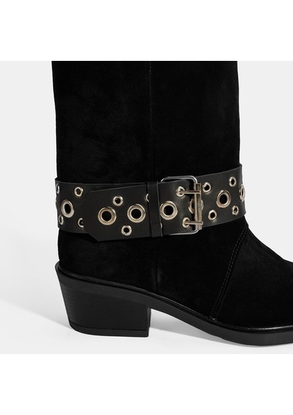 Kadın Siyah Ayarlanabilir Kemer Aksesuarlı Süet Bot
