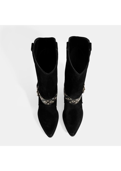 Kadın Siyah Ayarlanabilir Kemer Aksesuarlı Süet Bot