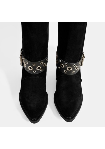 Kadın Siyah Ayarlanabilir Kemer Aksesuarlı Süet Bot