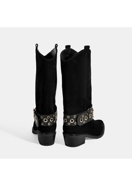 Kadın Siyah Ayarlanabilir Kemer Aksesuarlı Süet Bot