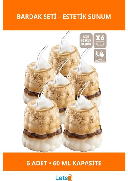 Üzüm Desenli Şeffaf Cam 60 ml Minik Içecek Bardakları 6 Adet