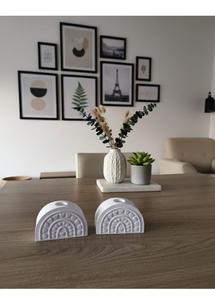 Kalp Detaylı, Desenli Beyaz Şamdanlık 2 Li