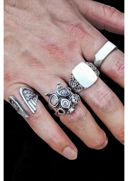 4 Adet 925 Ayar Gümüş Kaplama Ayarlanabilir El Yapımı Erkek Kadın Gaz Maskesi Yüzük Seti