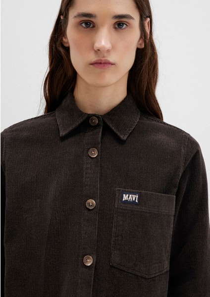 Mavi Detaylı Kahverengi Kadife Gömlek 1211277-90892