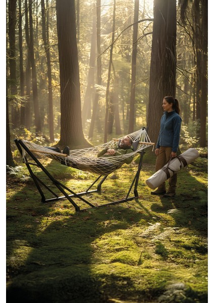 Katlanabilir Metal Ayaklı Taşınabilir Kamp Bahçe Balkon Hamak Seti – 3 Kademe Ayarlı, File Örgü, Taşıma Çantalı, Yastıklı