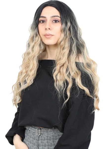 Su Dalgası Uzun Perçemsiz Fiber Sentetik Peruk / Siyah / Balköpüğü Ombreli