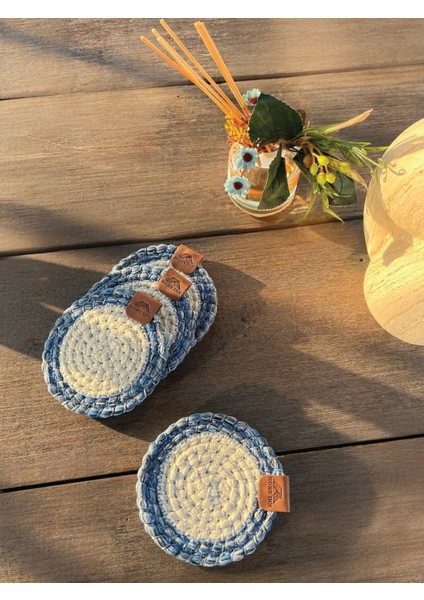 Tekstil 4 Adet Yuvarlak Bardak Altlığı- Leke Tutmaz- Mavi-Beyaz 13X13 cm