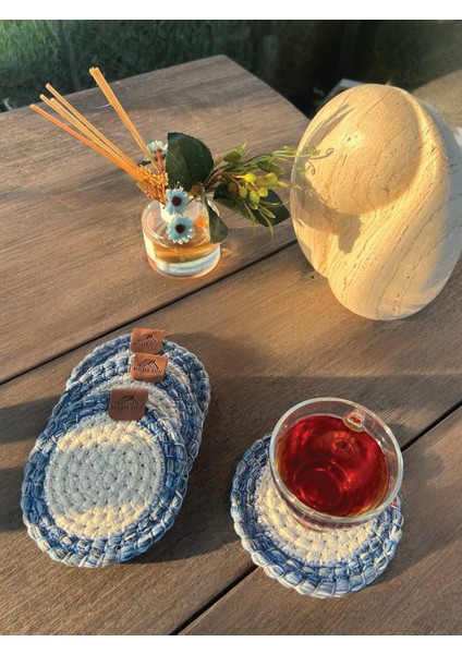 Tekstil 4 Adet Yuvarlak Bardak Altlığı- Leke Tutmaz- Mavi-Beyaz 13X13 cm fiyatları