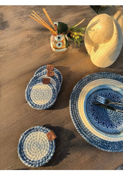Tekstil 4 Adet Yuvarlak Bardak Altlığı- Leke Tutmaz- Mavi-Beyaz 13X13 cm modelleri