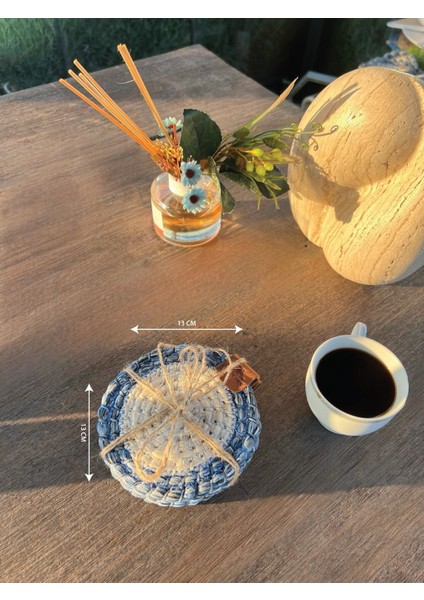 Tekstil 4 Adet Yuvarlak Bardak Altlığı- Leke Tutmaz- Mavi-Beyaz 13X13 cm fırsatları