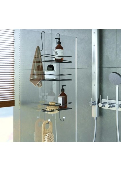 Paslanmaz Duşakabin Banyo Rafı Şampuanlık 3 Katlı Askılı Siyah