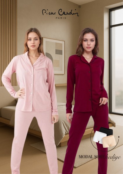 Kadın Pamuklu & Modal Kutulu 2 Adet Uzun Kol Gömlek Pijama Takımı (Modal Şort Hediyeli)