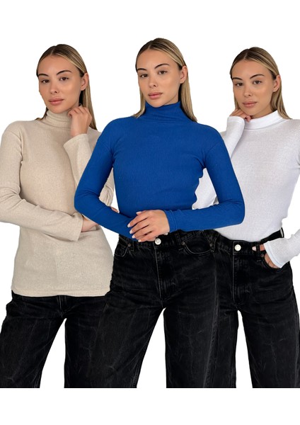 Unisex Pamuklu Balıkçı Yaka Boğazlı Kazak 3'lü Set