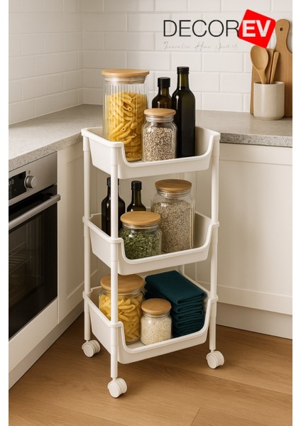 3 Katlı Tekerlekli Plastik Organizer Raf – Çok Amaçlı Mutfak, Banyo ve Ofis Düzenleyici (Beyaz) DC-6821