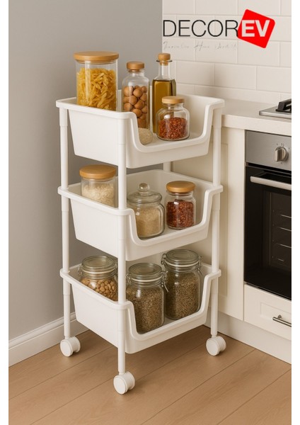 3 Katlı Tekerlekli Plastik Organizer Raf – Çok Amaçlı Mutfak, Banyo ve Ofis Düzenleyici (Beyaz) DC-6821 modelleri
