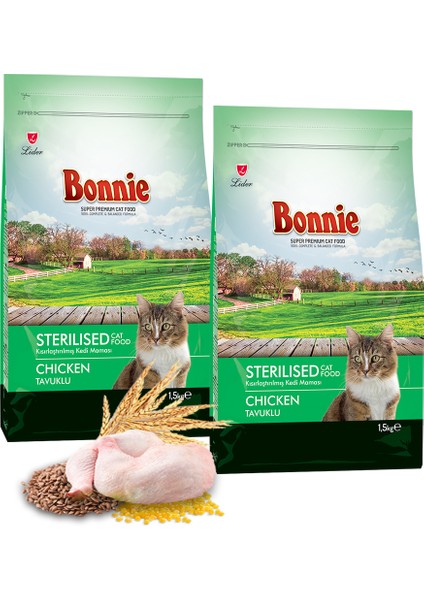 Bonnıe Kısırlaştırılmış Tavuklu Kedi Maması 1,5 kg x 2