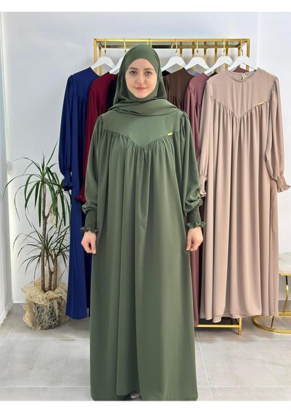 Tesettür Elbise,önü V Model Büzgülü,sufle Esarpla Takım.hijap ,khimar.hac Umre Için Uygundur Yeşil