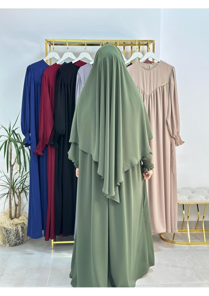 Tesettür Elbise,önü V Model Büzgülü,sufle Esarpla Takım.hijap ,khimar.hac Umre Için Uygundur Yeşil modelleri