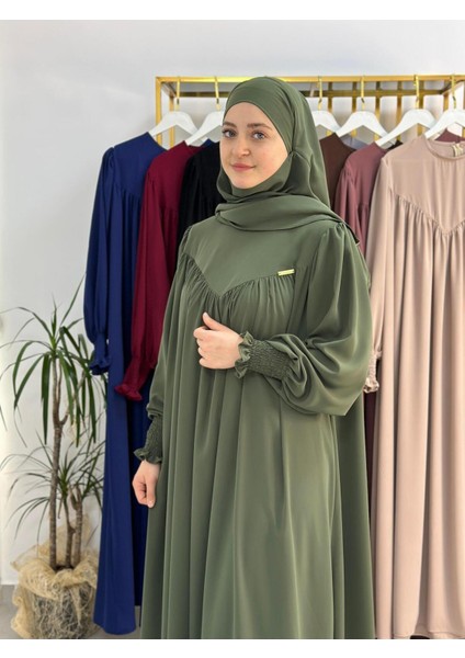 Tesettür Elbise,önü V Model Büzgülü,sufle Esarpla Takım.hijap ,khimar.hac Umre Için Uygundur Yeşil indirimleri